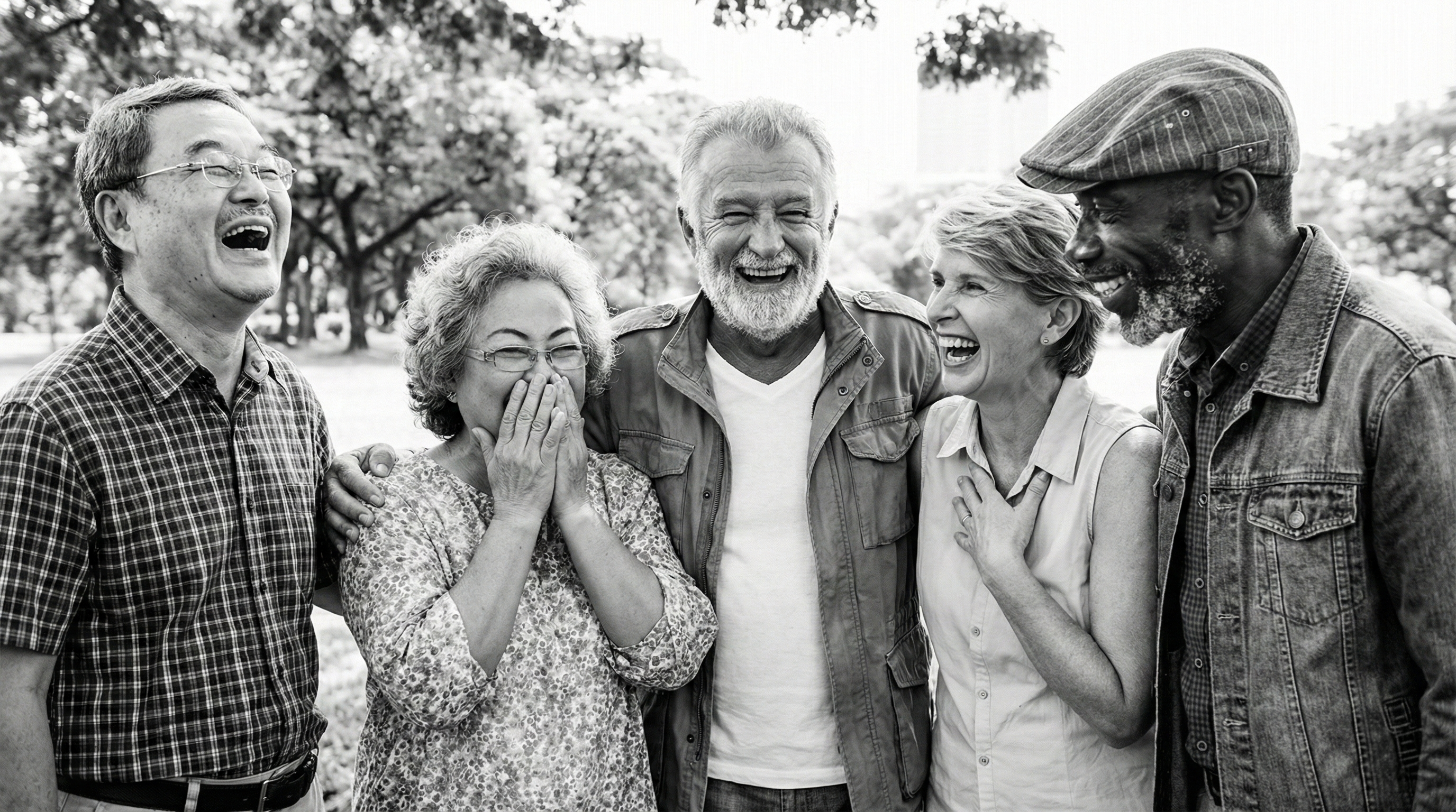 Group of senior friends laughing and smiling together